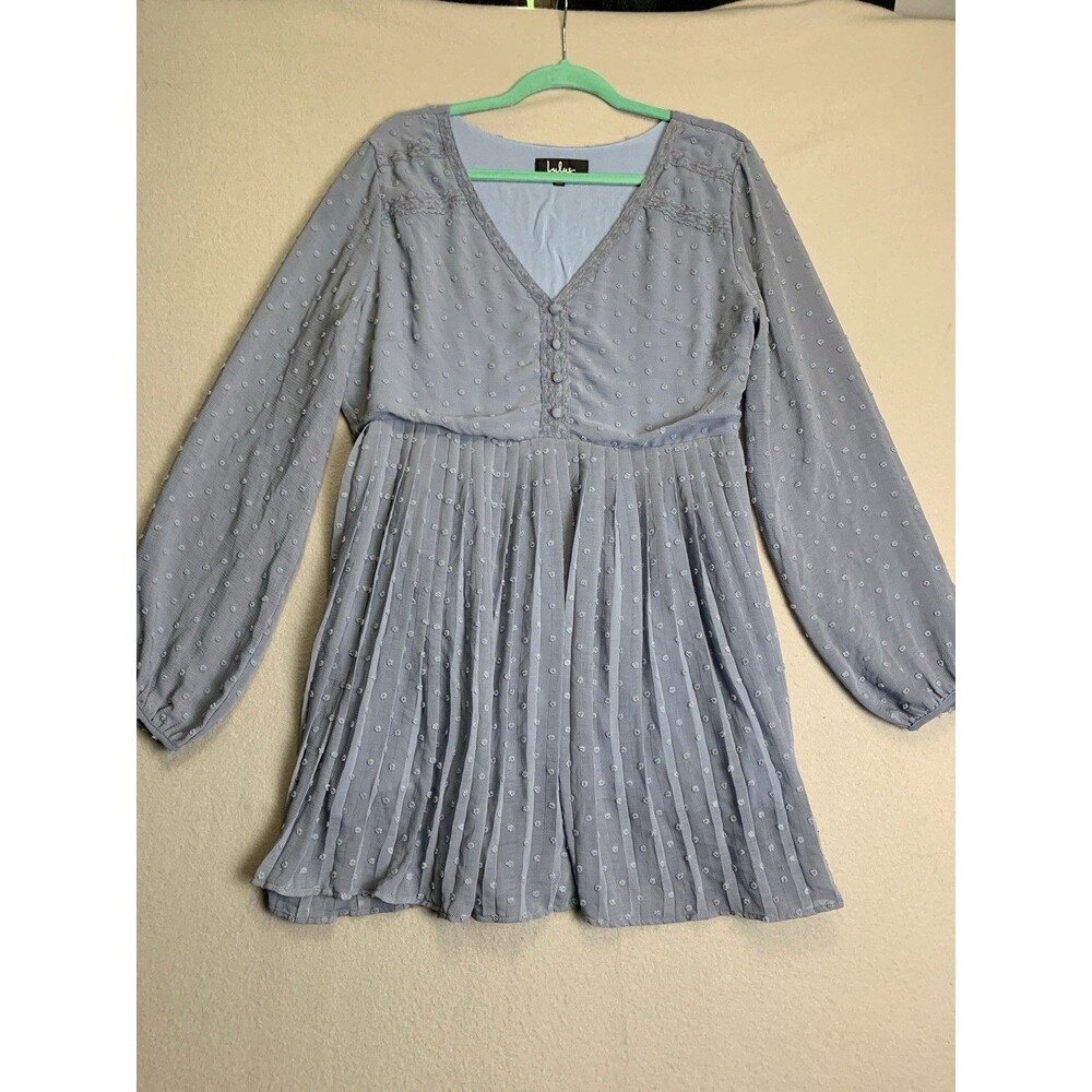 🌻2 for $20🌻Lulus Poetic Love Dusty Blue Swiss Dot Pleated Mini Dress Size XL